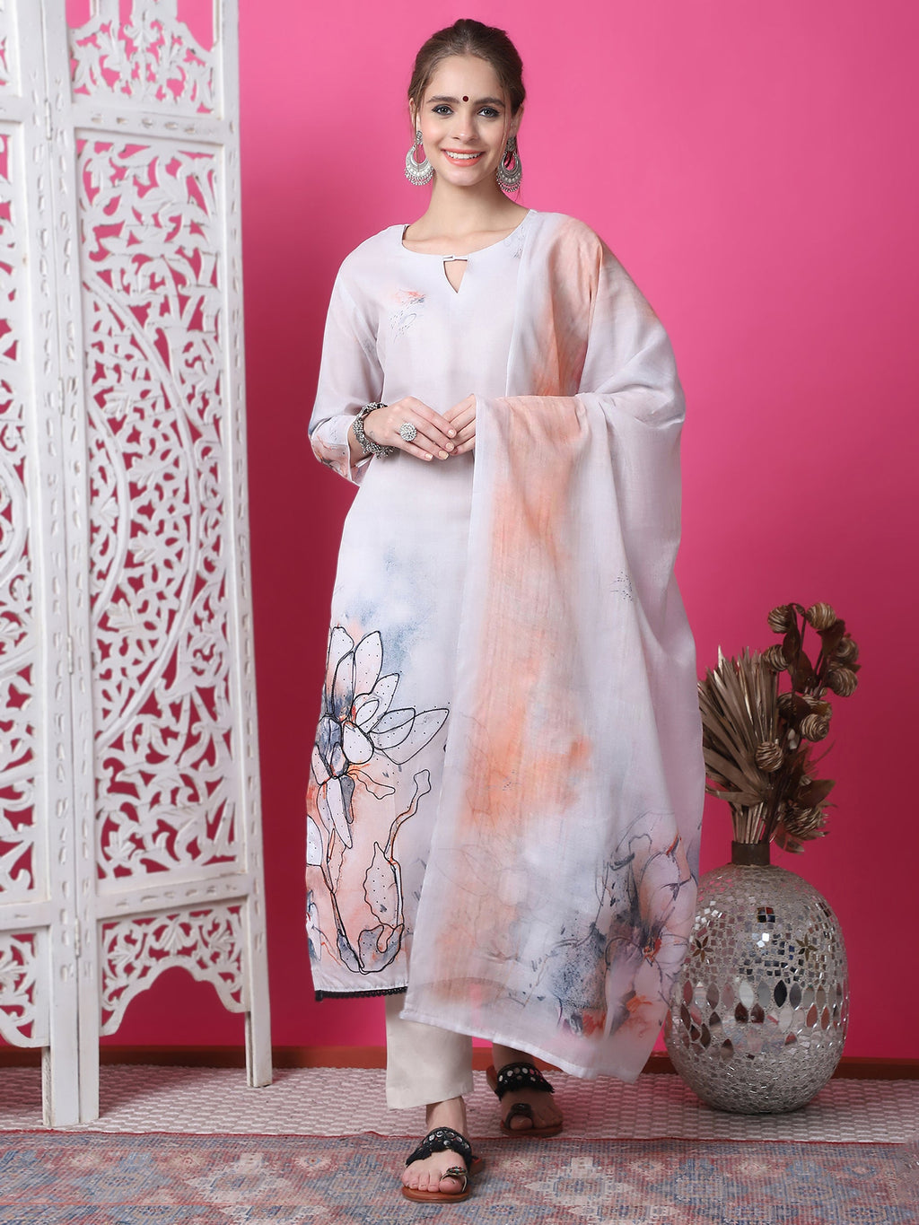 Jyoti Fashion Women's Beige Cotton Geometric Digital Print with Jari & Crystal Kurta with Trouser & Dupatta