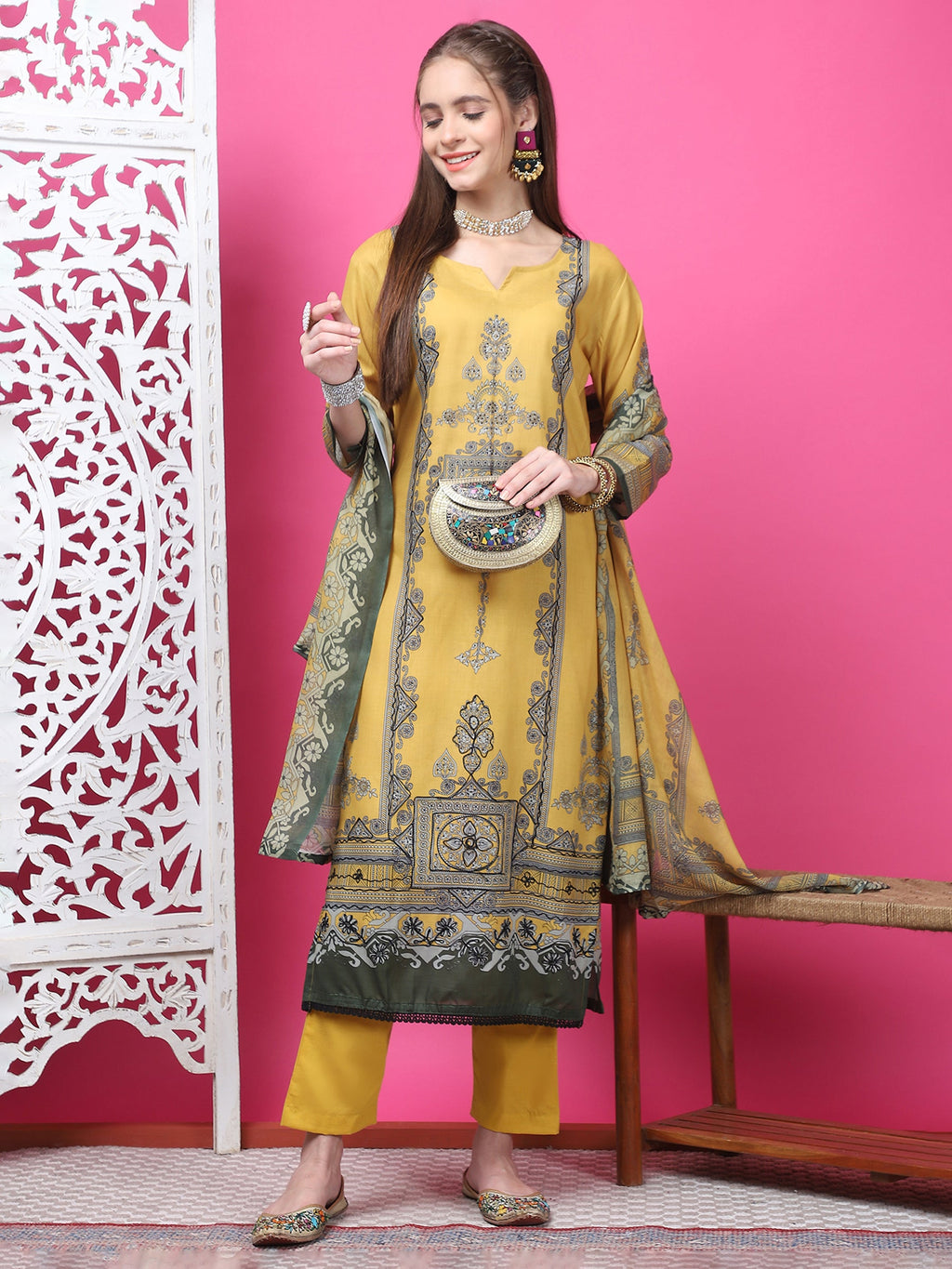 Jyoti Fashion Women's Mustard Cotton Geometric Digital Print with Jari & Crystal Kurta with Trouser & Dupatta