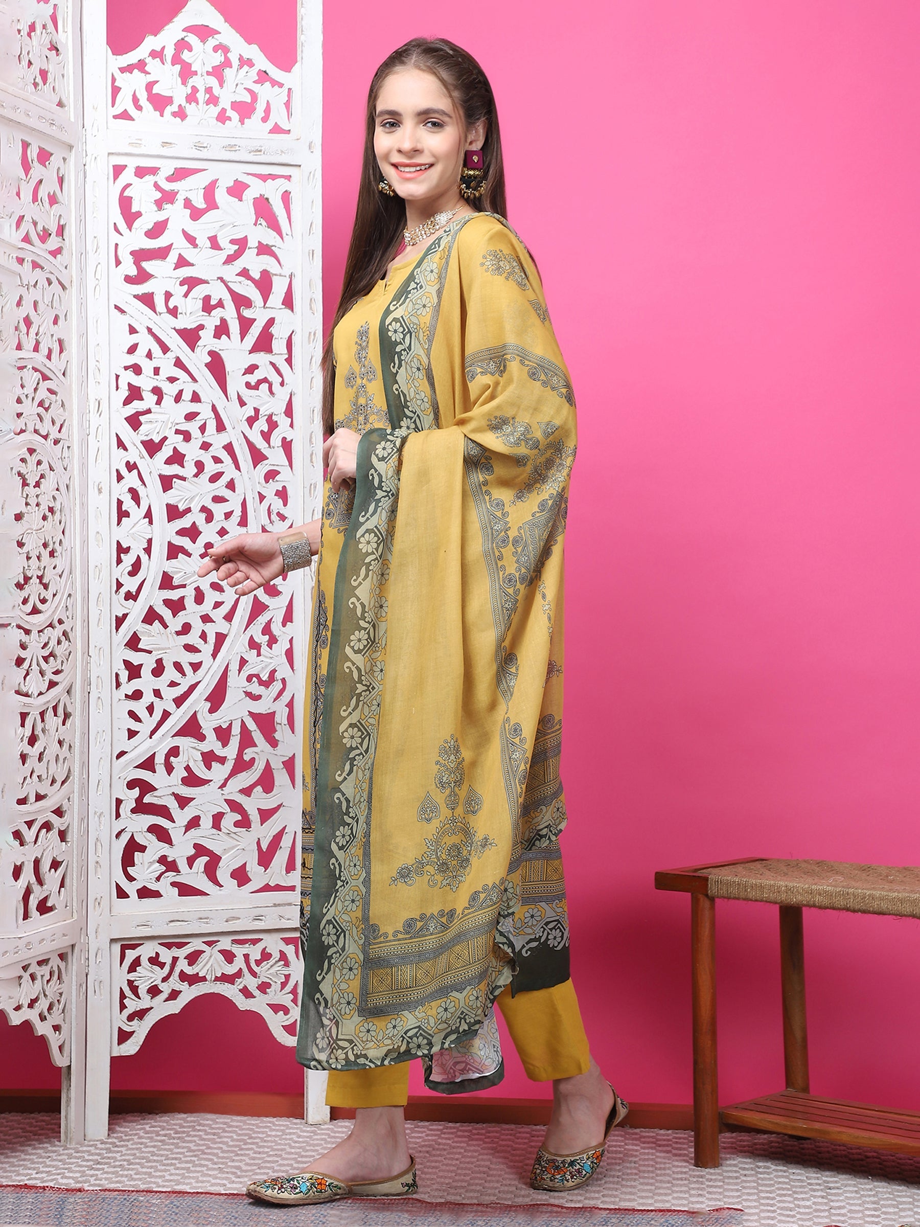 Jyoti Fashion Women's Mustard Cotton Geometric Digital Print with Jari & Crystal Kurta with Trouser & Dupatta