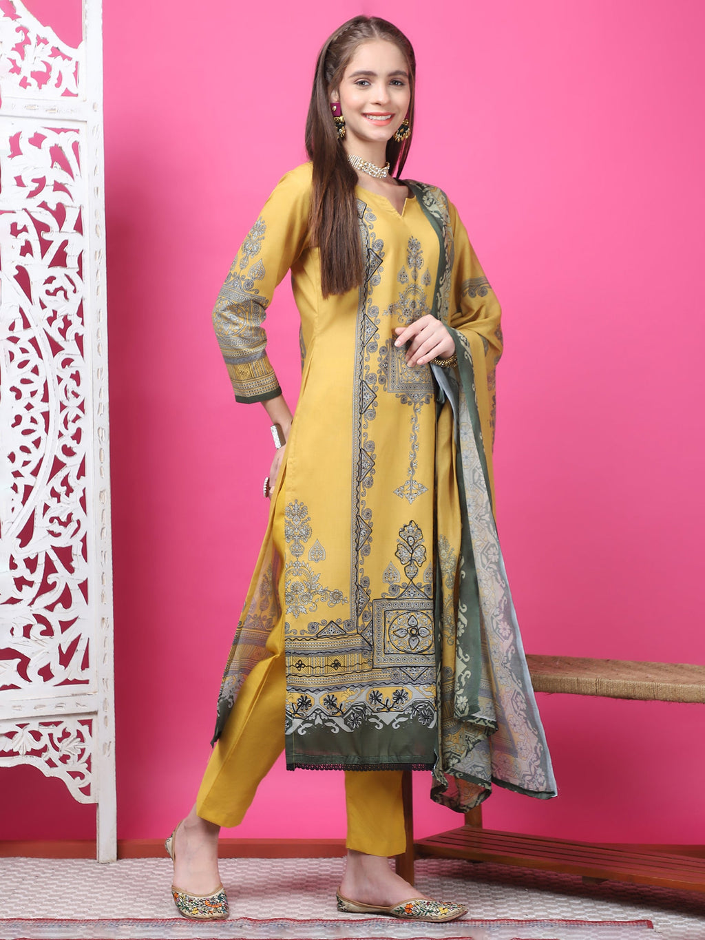 Jyoti Fashion Women's Mustard Cotton Geometric Digital Print with Jari & Crystal Kurta with Trouser & Dupatta