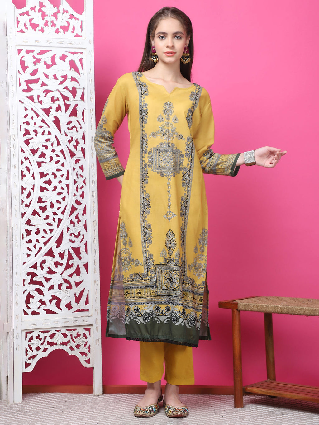 Jyoti Fashion Women's Mustard Cotton Geometric Digital Print with Jari & Crystal Kurta with Trouser & Dupatta