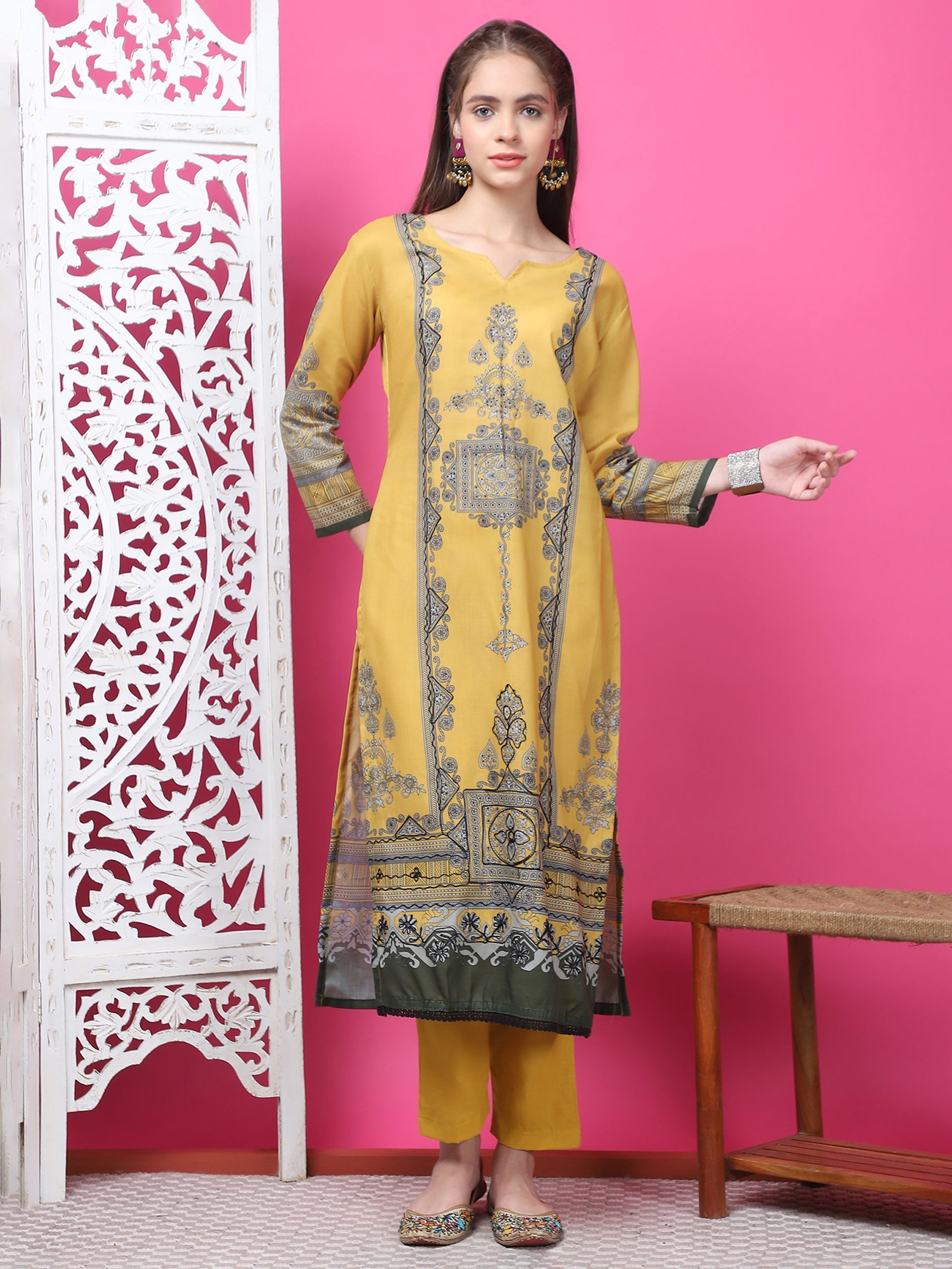 Jyoti Fashion Women's Mustard Cotton Geometric Digital Print with Jari & Crystal Kurta with Trouser & Dupatta