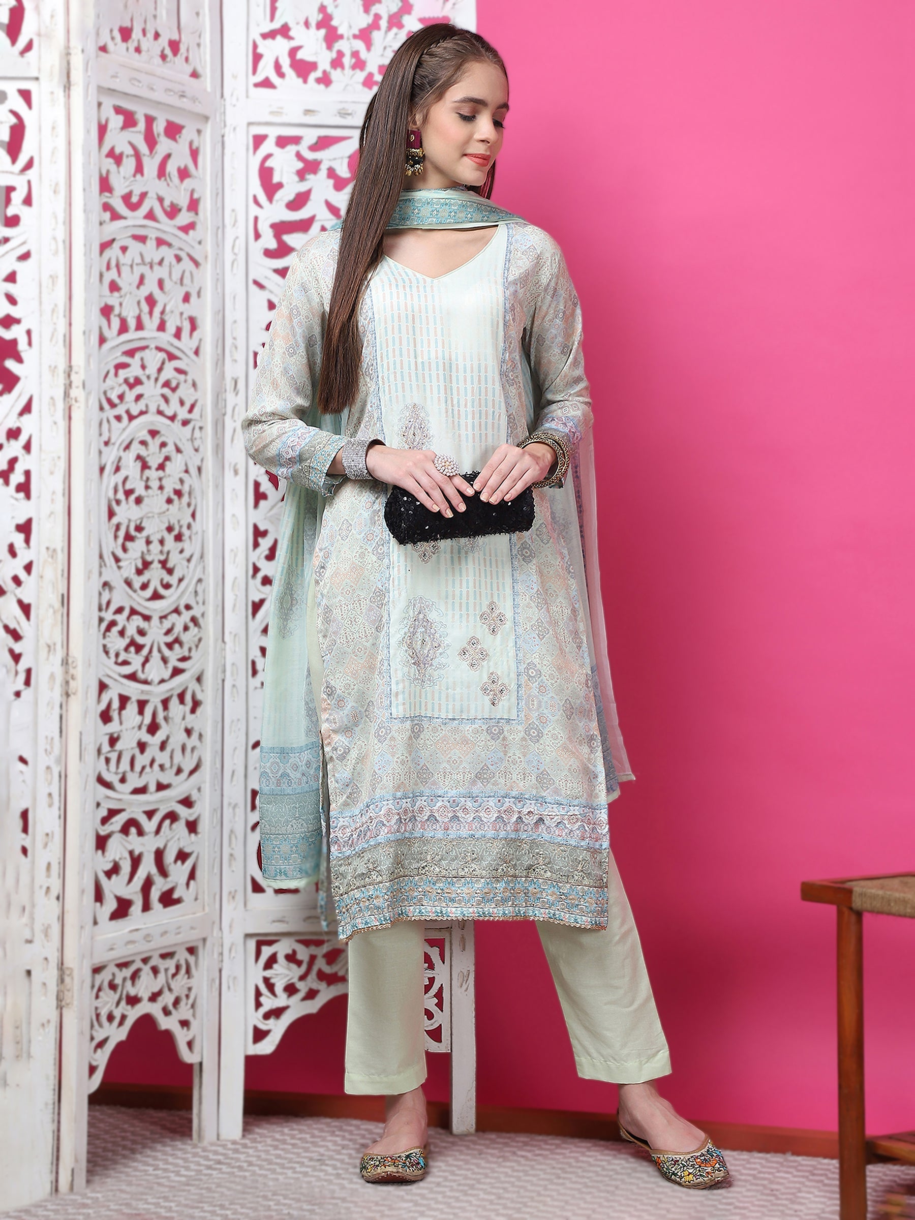 Jyoti Fashion Women's Pista Green Cotton Geometric Digital Print with Jari & Crystal Kurta with Trouser & Dupatta
