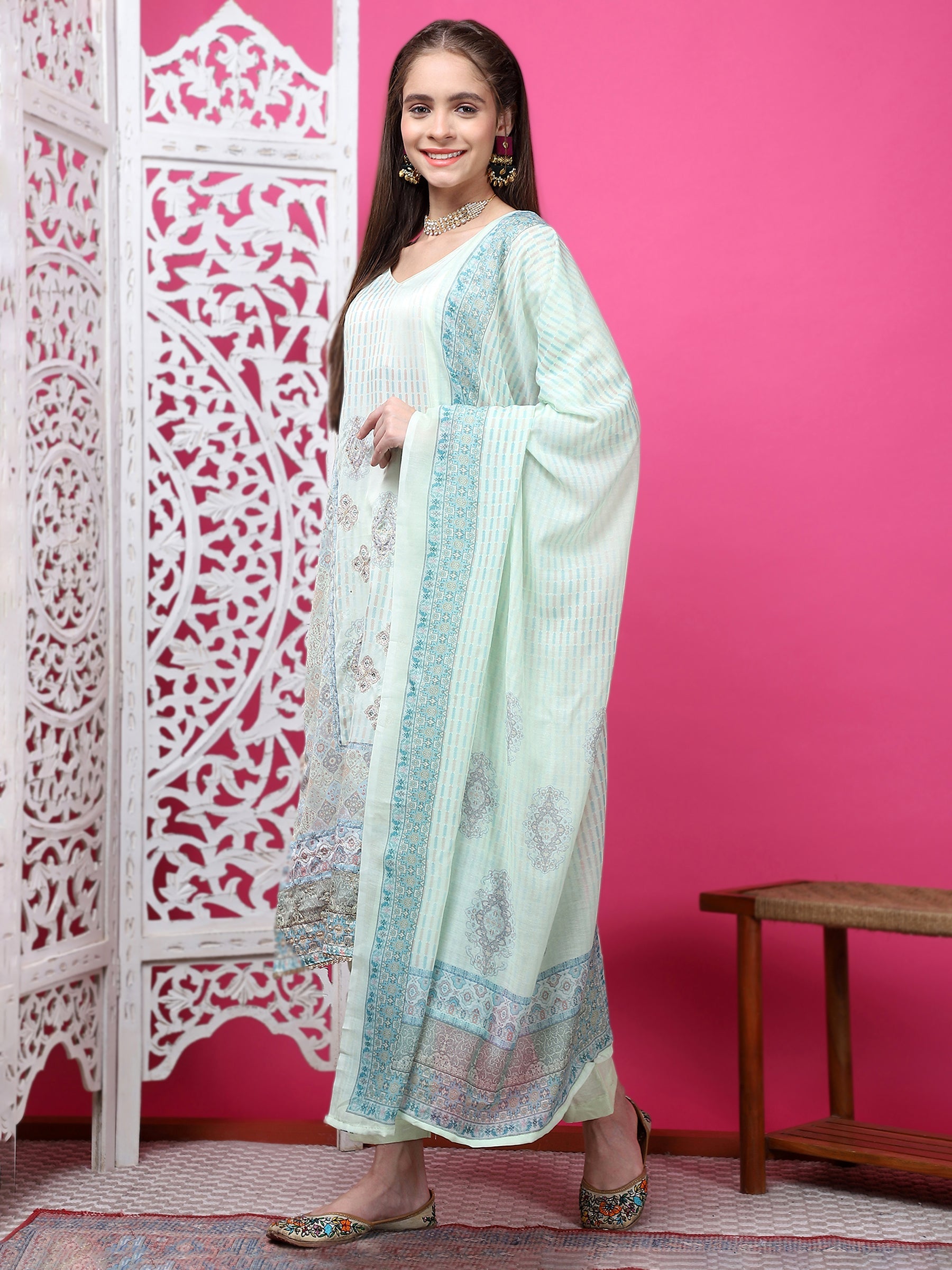 Jyoti Fashion Women's Pista Green Cotton Geometric Digital Print with Jari & Crystal Kurta with Trouser & Dupatta