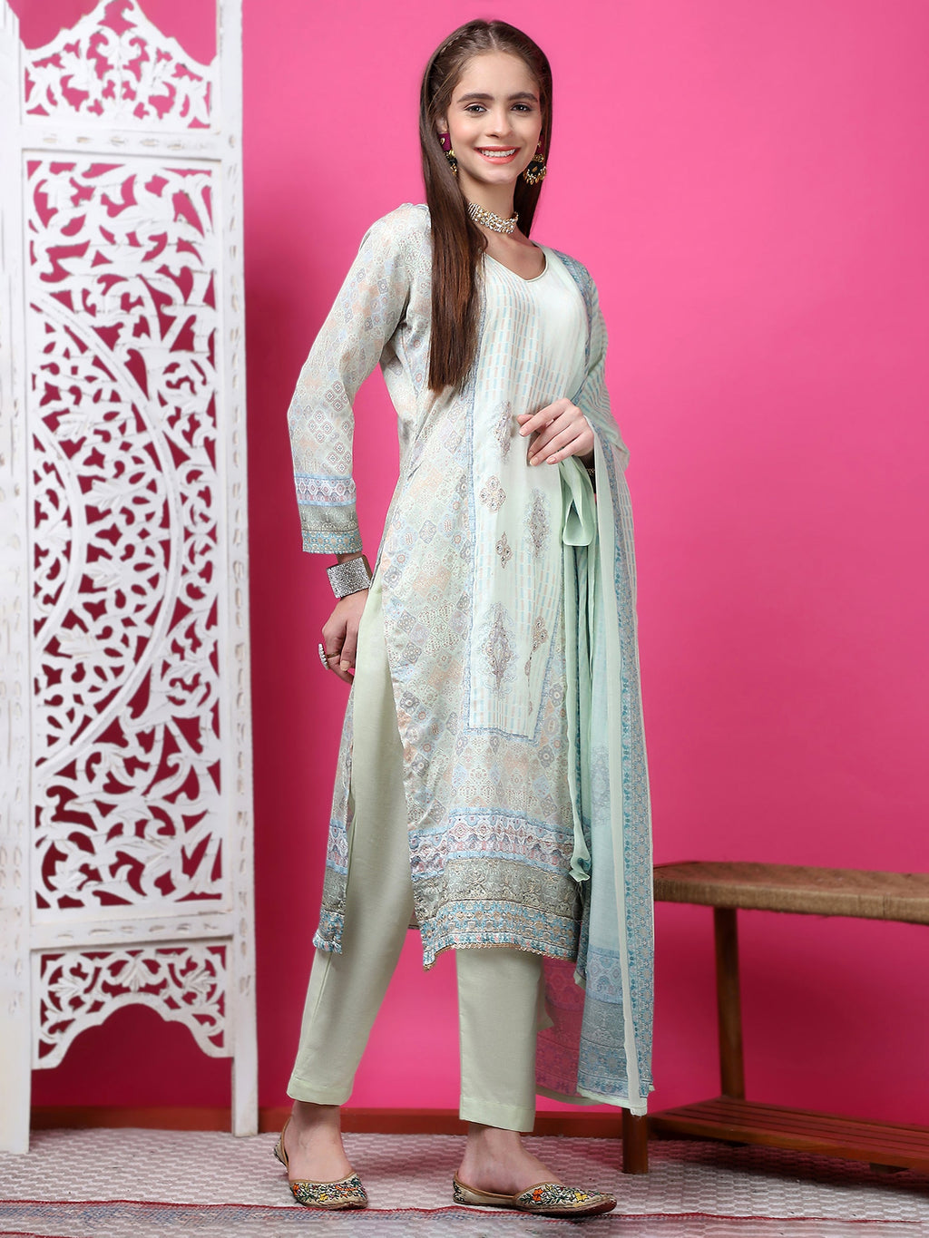 Jyoti Fashion Women's Pista Green Cotton Geometric Digital Print with Jari & Crystal Kurta with Trouser & Dupatta