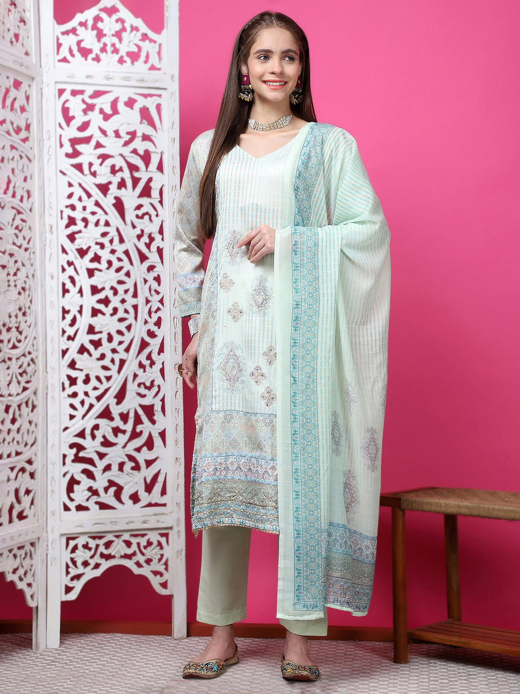Jyoti Fashion Women's Pista Green Cotton Geometric Digital Print with Jari & Crystal Kurta with Trouser & Dupatta