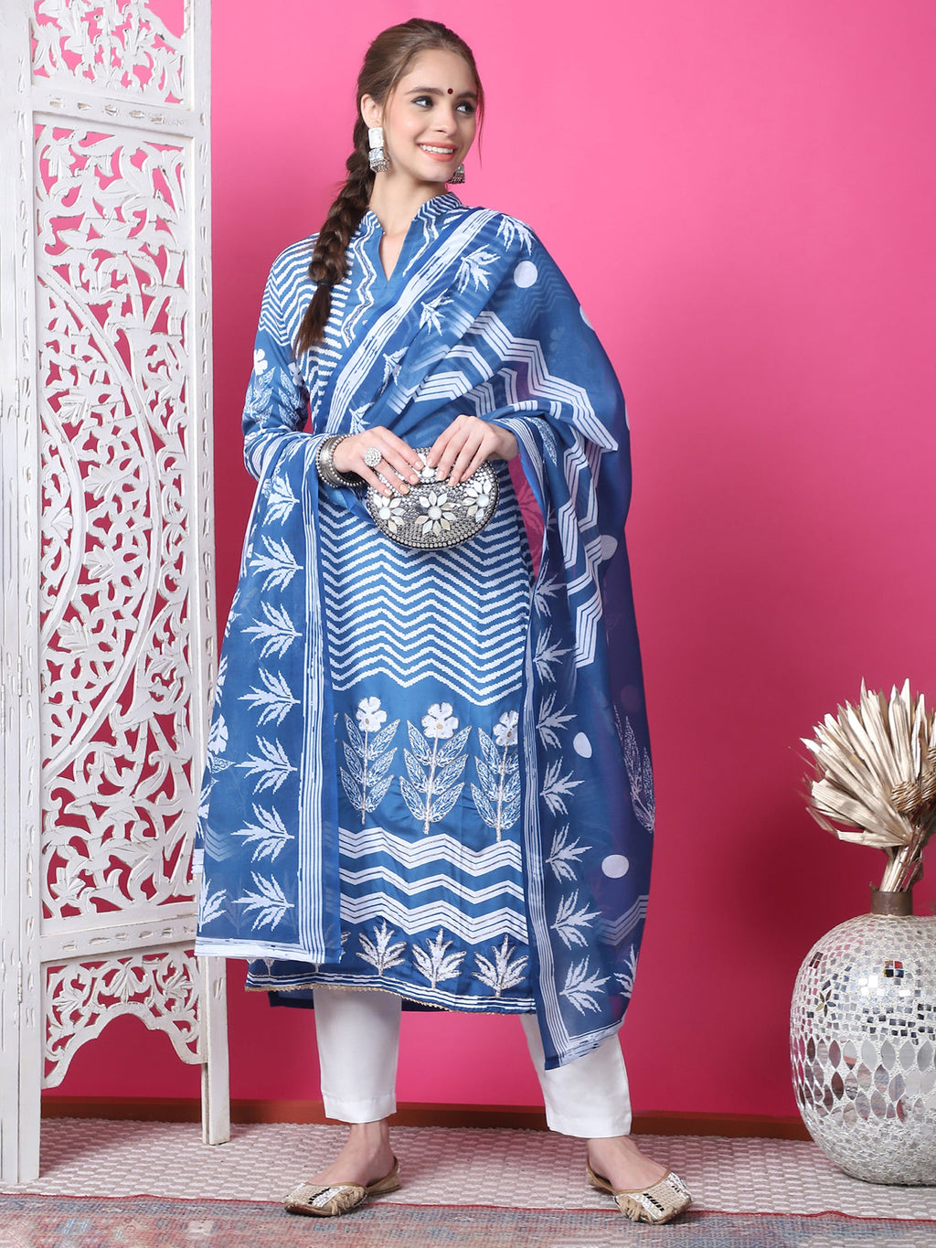 Jyoti Fashion Women's Indigo Blue Cotton Geometric Digital Print with Jari & Crystal Kurta with Trouser & Dupatta
