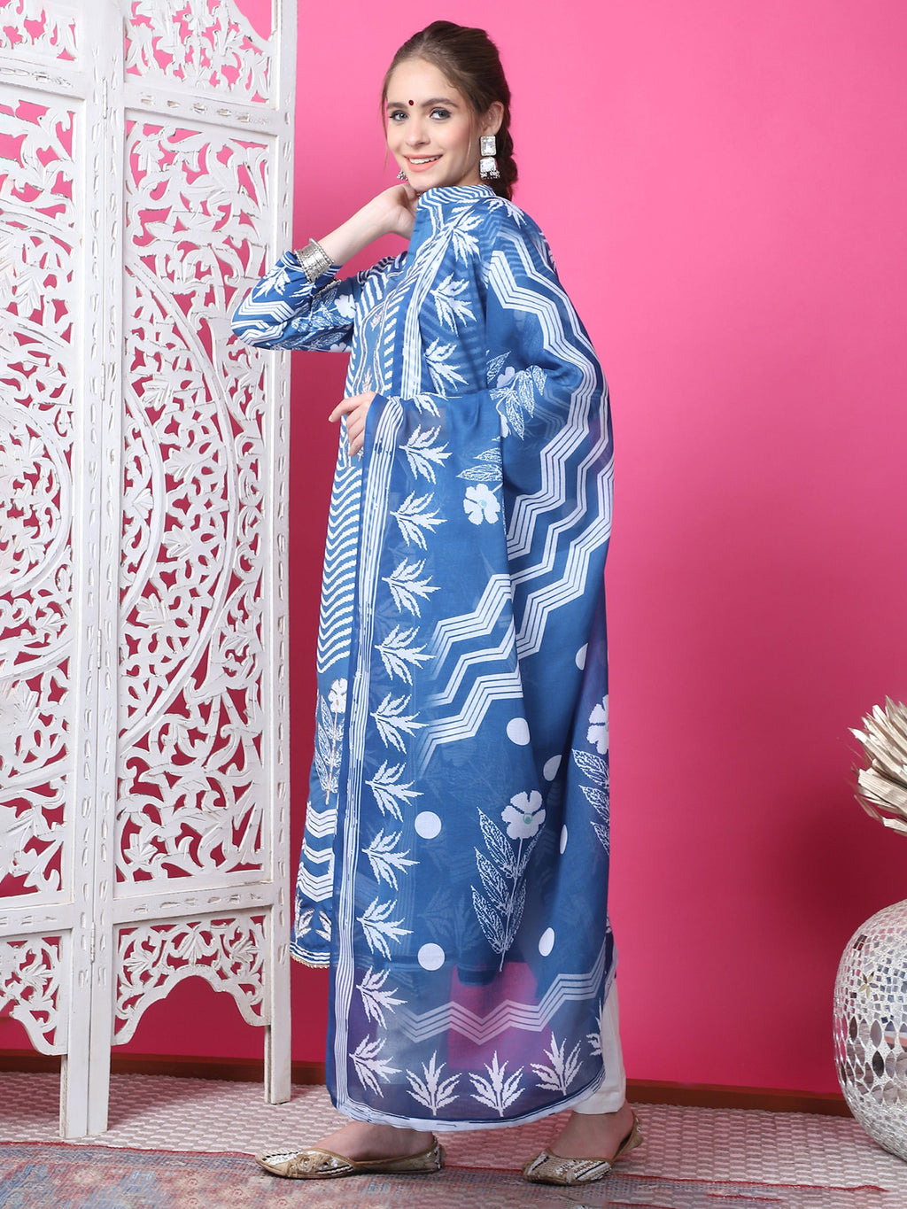 Jyoti Fashion Women's Indigo Blue Cotton Geometric Digital Print with Jari & Crystal Kurta with Trouser & Dupatta