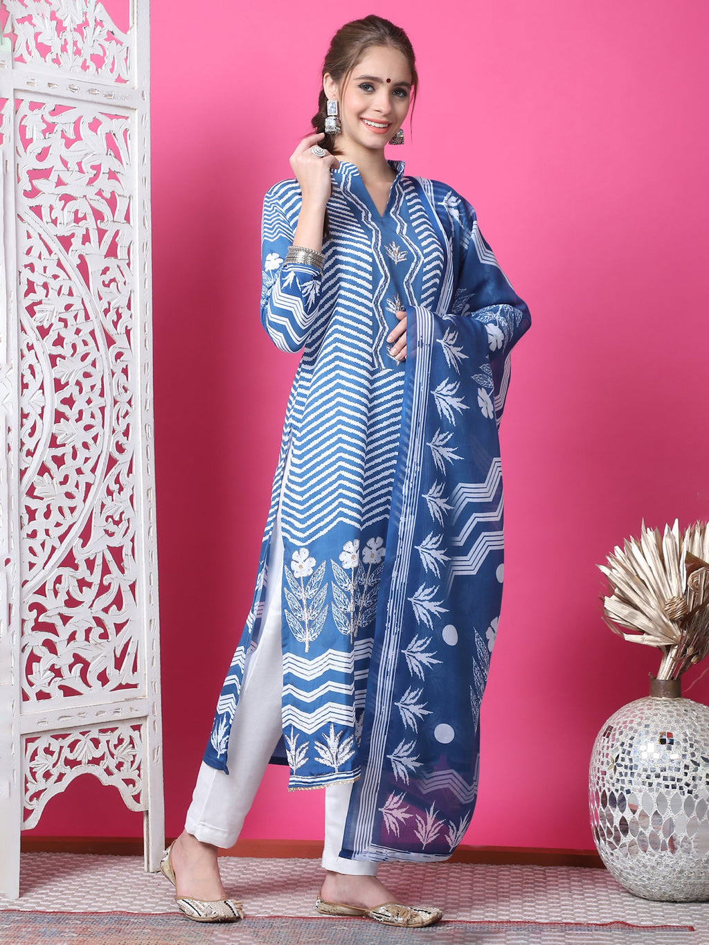 Jyoti Fashion Women's Indigo Blue Cotton Geometric Digital Print with Jari & Crystal Kurta with Trouser & Dupatta