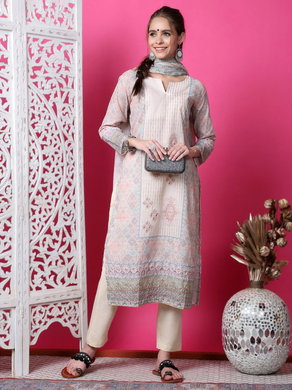 Jyoti Fashion Women's Beige Cotton Geometric Digital Print with Jari & Crystal Kurta with Trouser & Dupatta