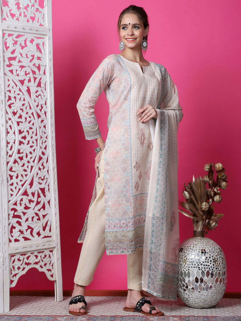 Jyoti Fashion Women's Beige Cotton Geometric Digital Print with Jari & Crystal Kurta with Trouser & Dupatta