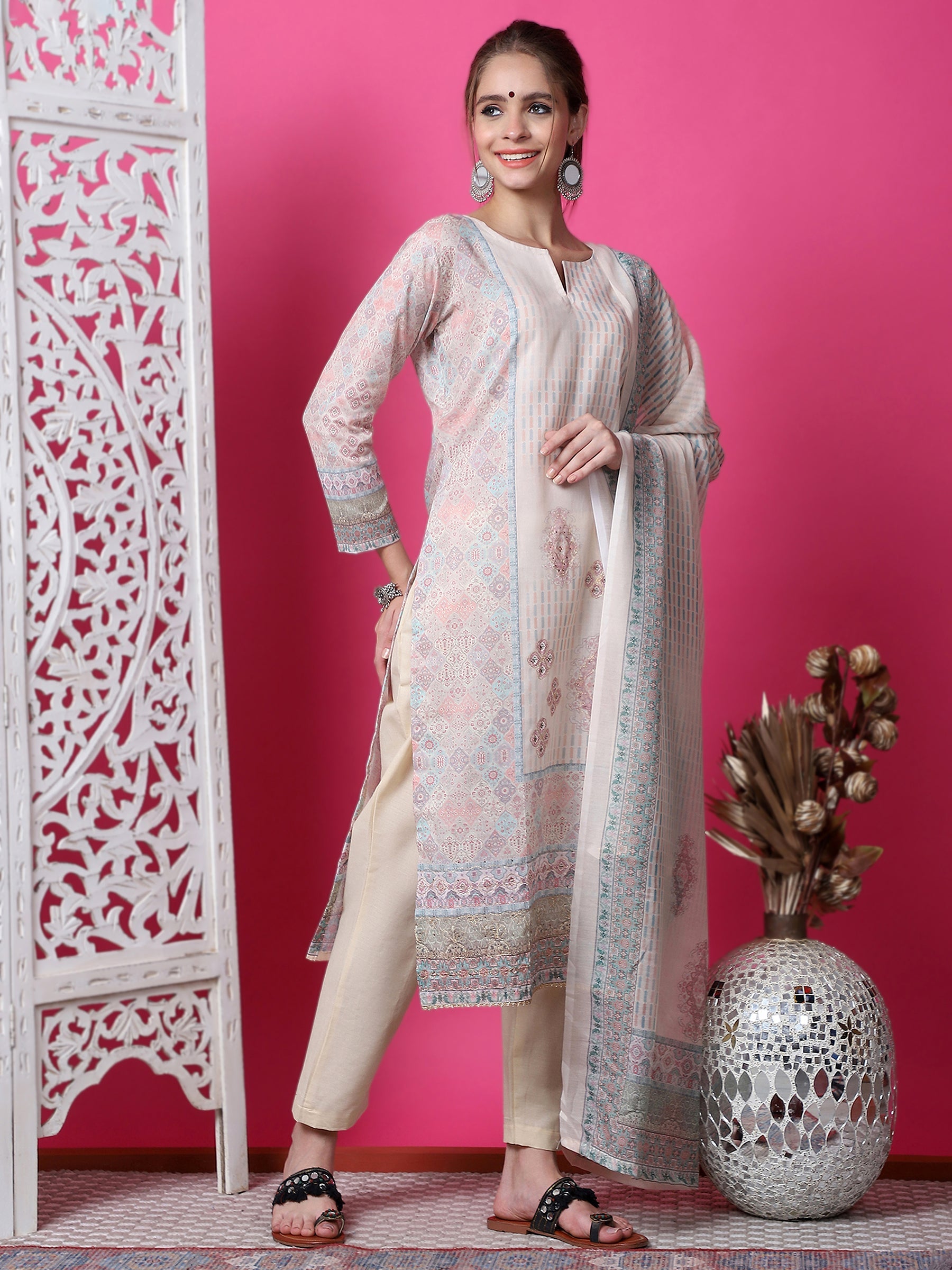 Jyoti Fashion Women's Beige Cotton Geometric Digital Print with Jari & Crystal Kurta with Trouser & Dupatta