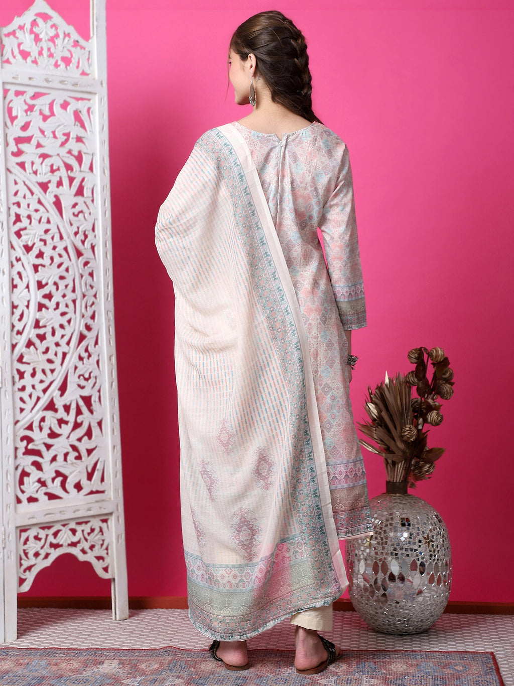 Jyoti Fashion Women's Beige Cotton Geometric Digital Print with Jari & Crystal Kurta with Trouser & Dupatta