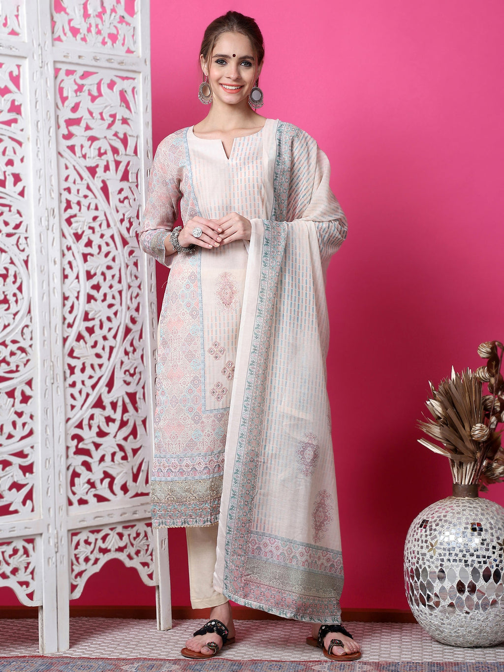 Jyoti Fashion Women's Beige Cotton Geometric Digital Print with Jari & Crystal Kurta with Trouser & Dupatta