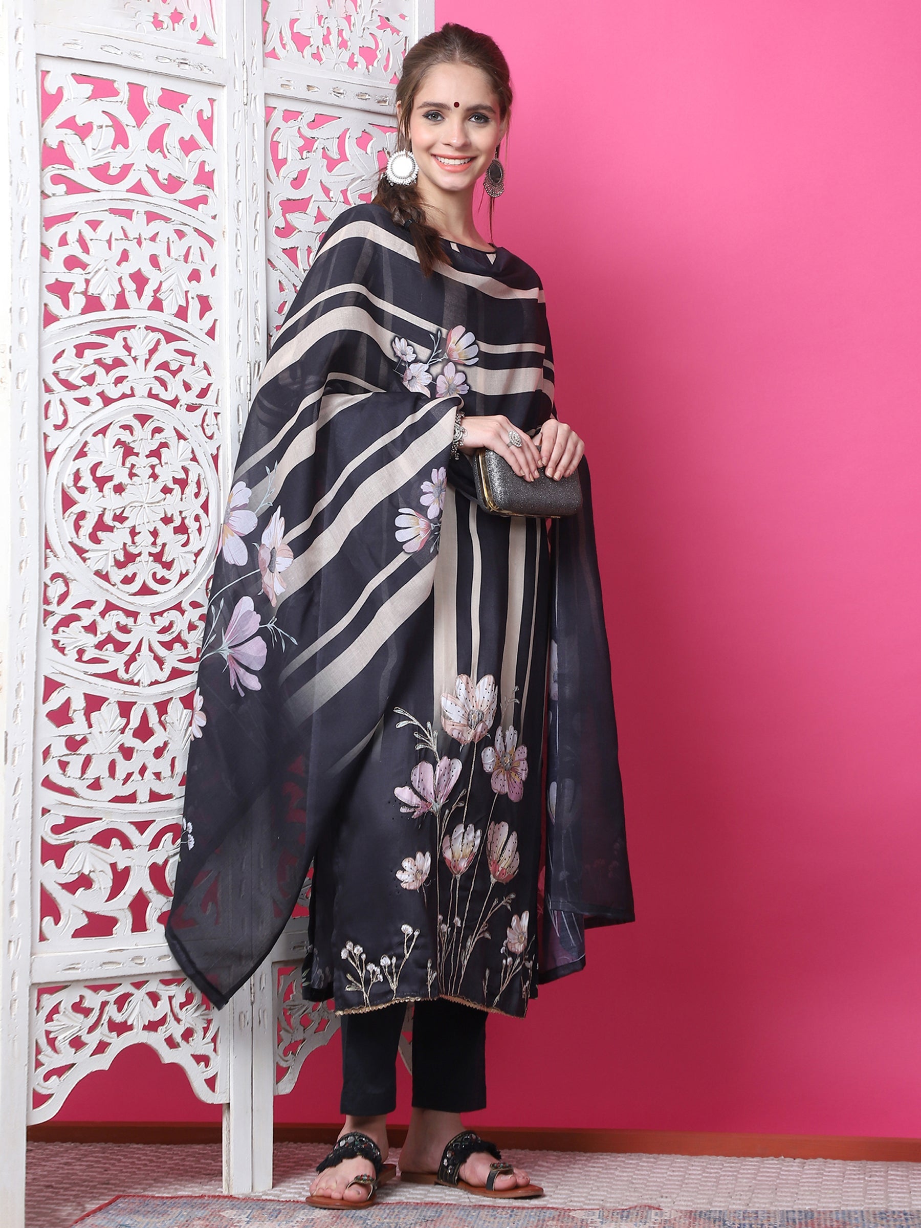 Jyoti Fashion Women's Black Cotton Geometric Digital Print with Jari & Crystal Kurta with Trouser & Dupatta