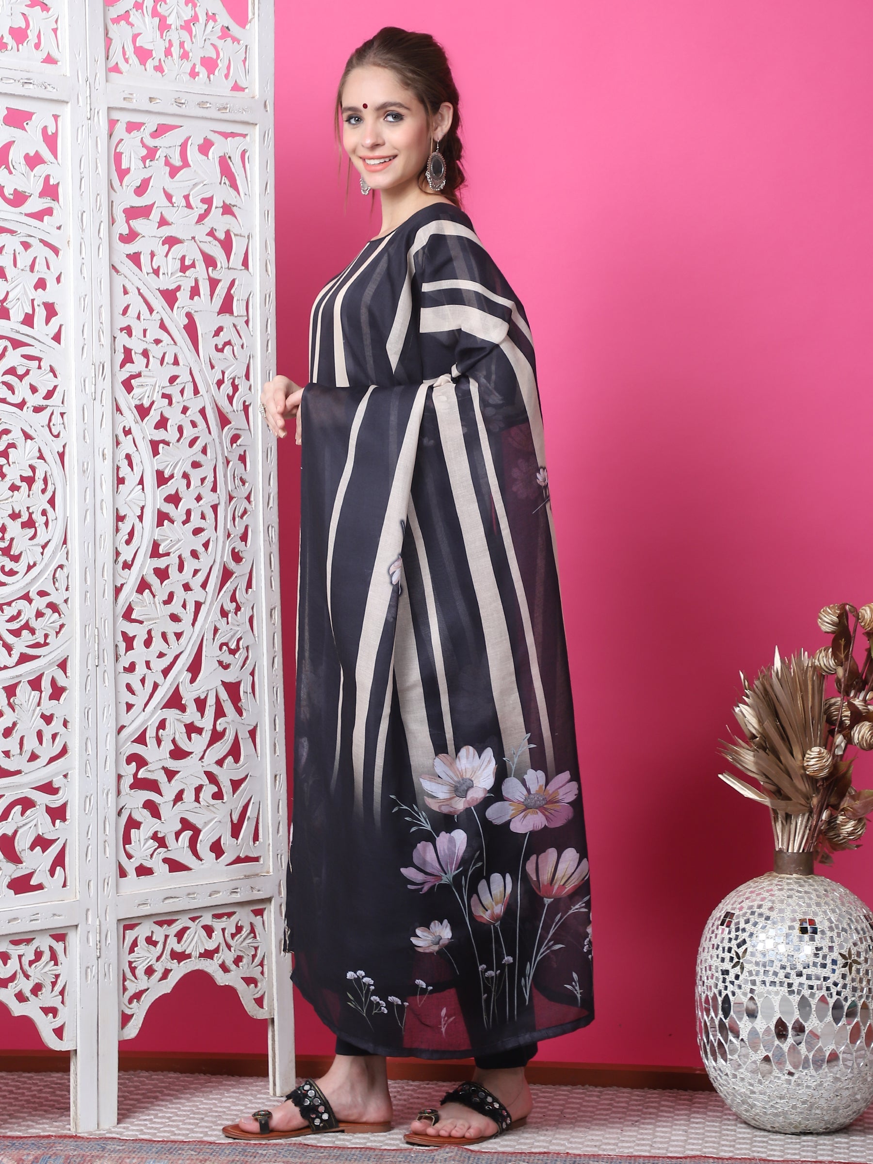 Jyoti Fashion Women's Black Cotton Geometric Digital Print with Jari & Crystal Kurta with Trouser & Dupatta