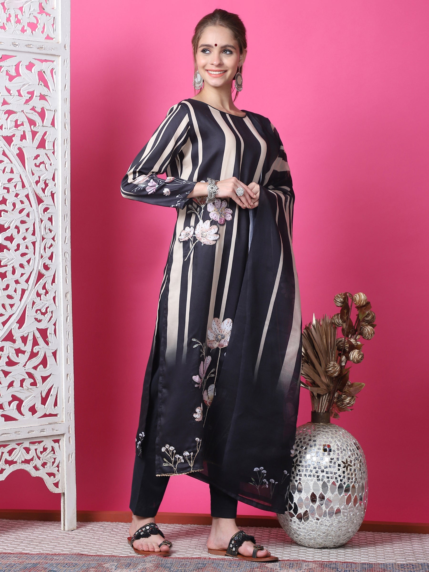 Jyoti Fashion Women's Black Cotton Geometric Digital Print with Jari & Crystal Kurta with Trouser & Dupatta