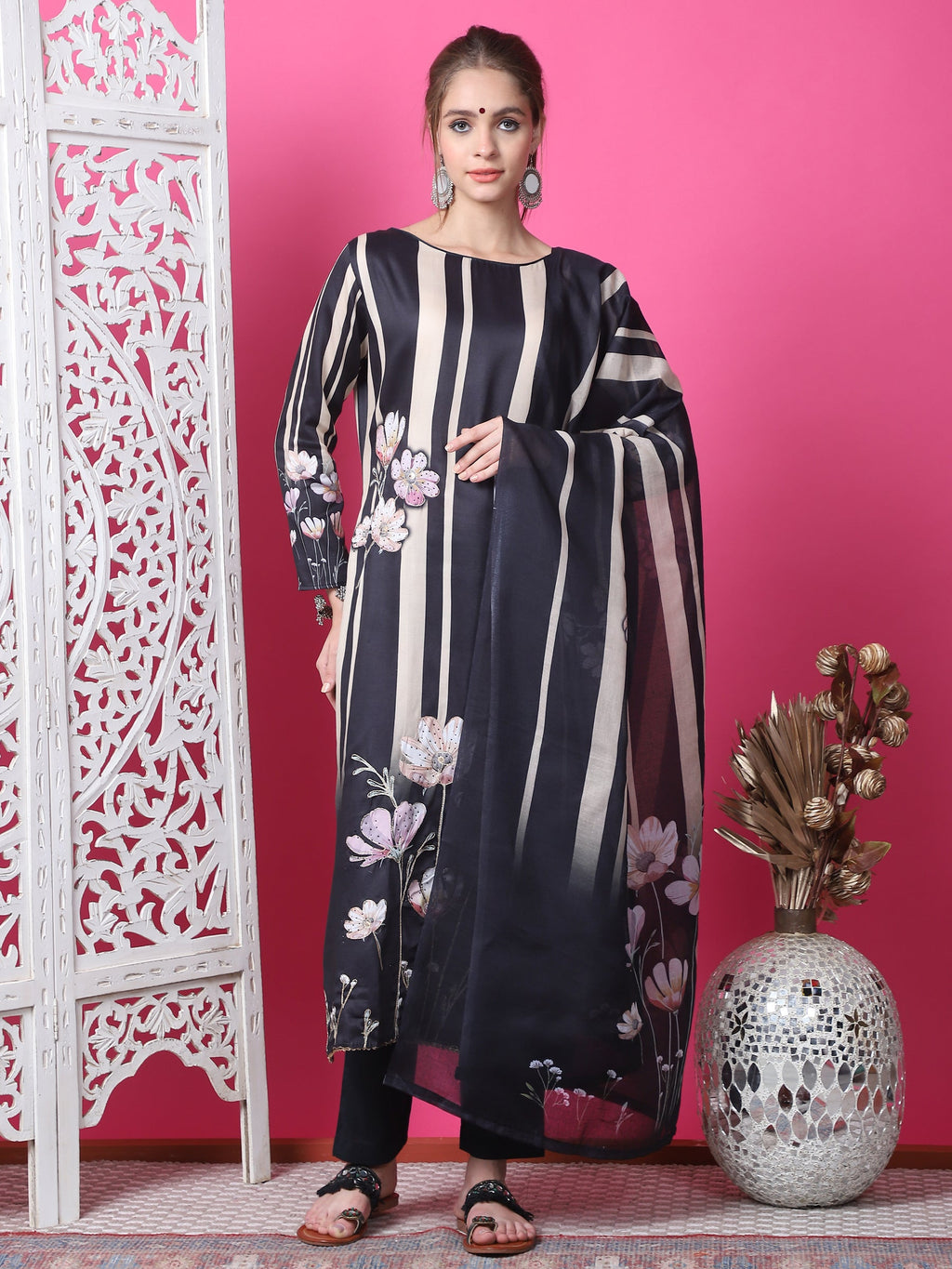 Jyoti Fashion Women's Black Cotton Geometric Digital Print with Jari & Crystal Kurta with Trouser & Dupatta