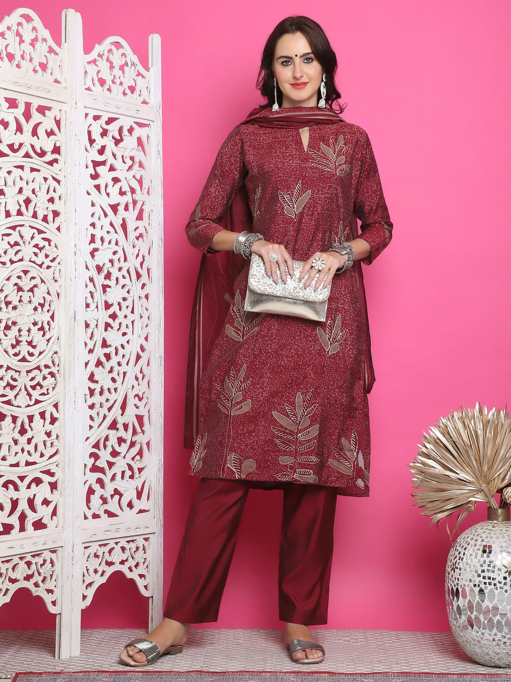 Jyoti Fashion Women's Maroon Muslin Floral Print with Jari & Crystal work Kurta with Trouser & Dupatta