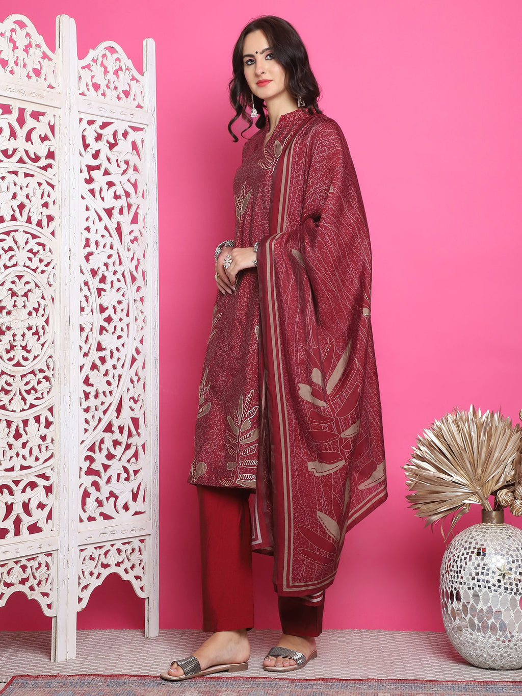 Jyoti Fashion Women's Maroon Muslin Floral Print with Jari & Crystal work Kurta with Trouser & Dupatta