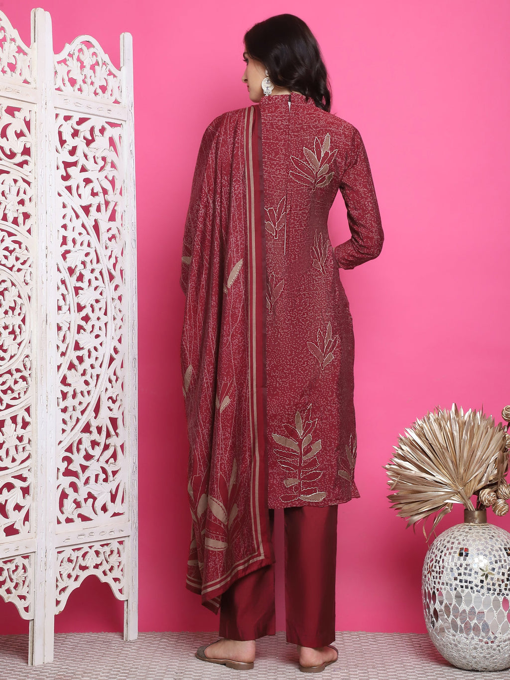 Jyoti Fashion Women's Maroon Muslin Floral Print with Jari & Crystal work Kurta with Trouser & Dupatta