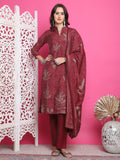 Jyoti Fashion Women's Maroon Muslin Floral Print with Jari & Crystal work Kurta with Trouser & Dupatta