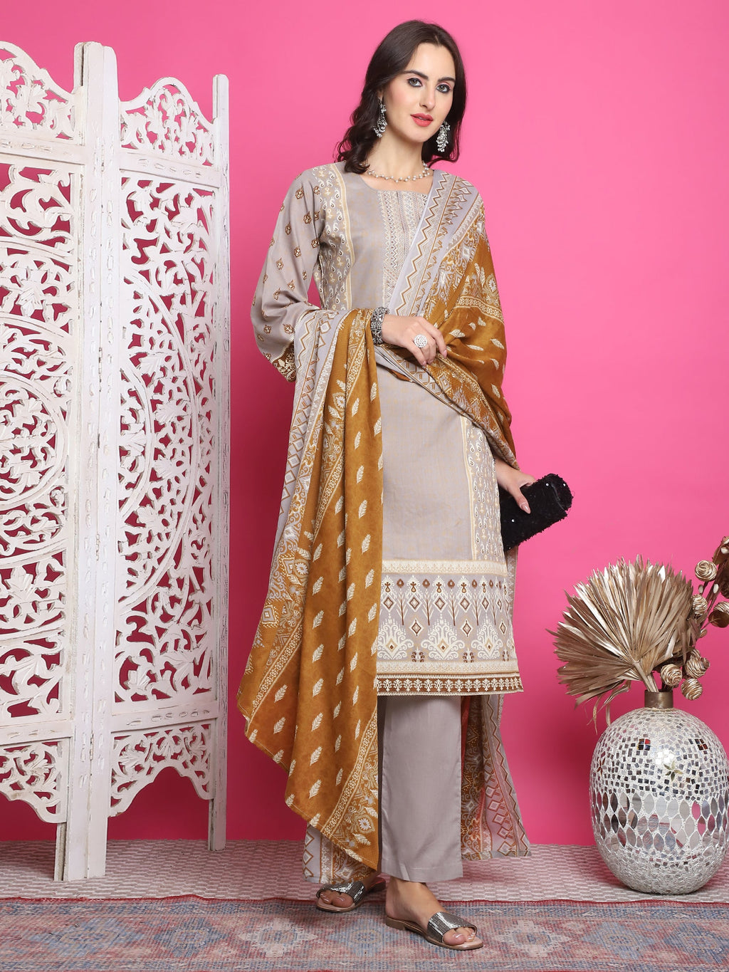 Jyoti Fashion Women's Grey Cotton Floral Digital Print with Resham Thread Work Kurta with Trouser & Dupatta