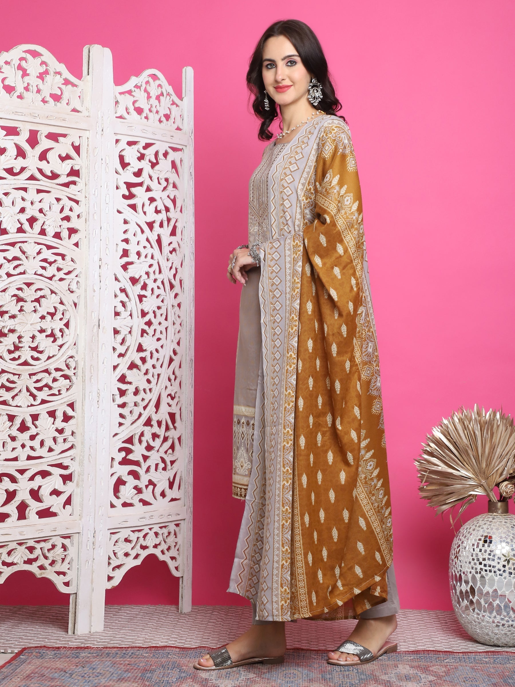 Jyoti Fashion Women's Grey Cotton Floral Digital Print with Resham Thread Work Kurta with Trouser & Dupatta