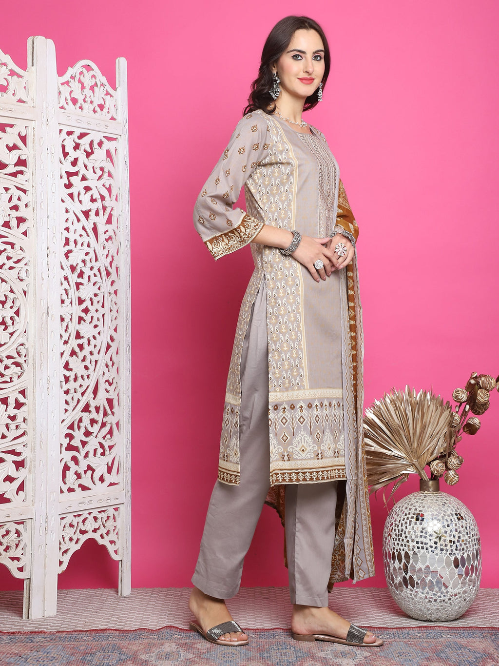 Jyoti Fashion Women's Grey Cotton Floral Digital Print with Resham Thread Work Kurta with Trouser & Dupatta