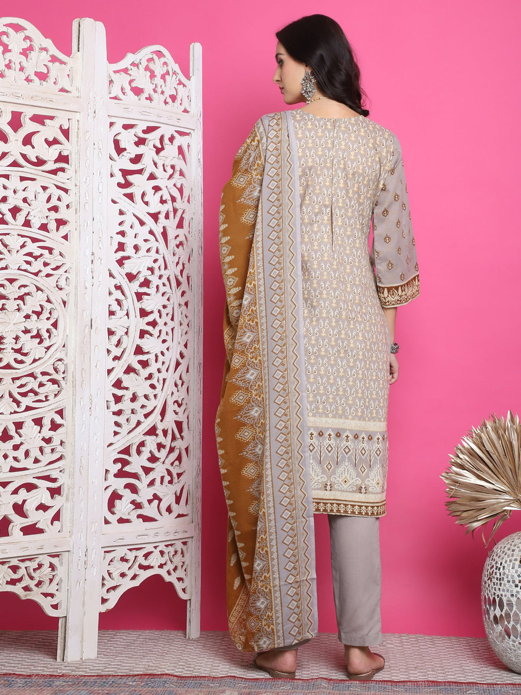 Jyoti Fashion Women's Grey Cotton Floral Digital Print with Resham Thread Work Kurta with Trouser & Dupatta
