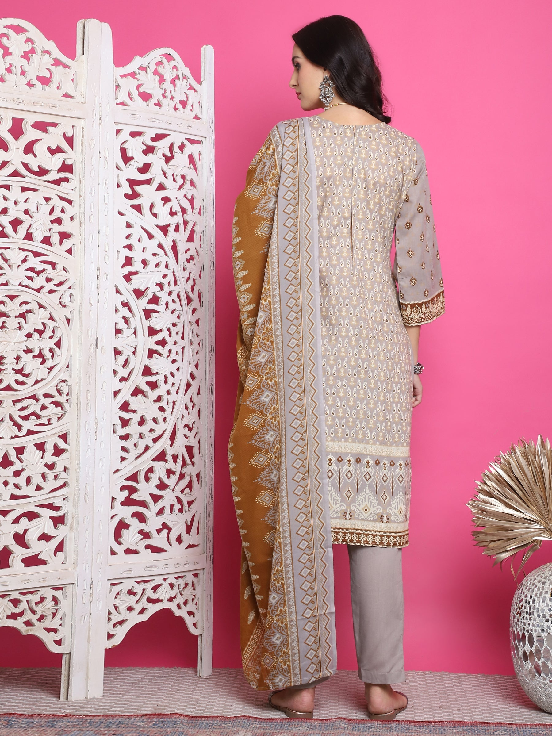 Jyoti Fashion Women's Grey Cotton Floral Digital Print with Resham Thread Work Kurta with Trouser & Dupatta