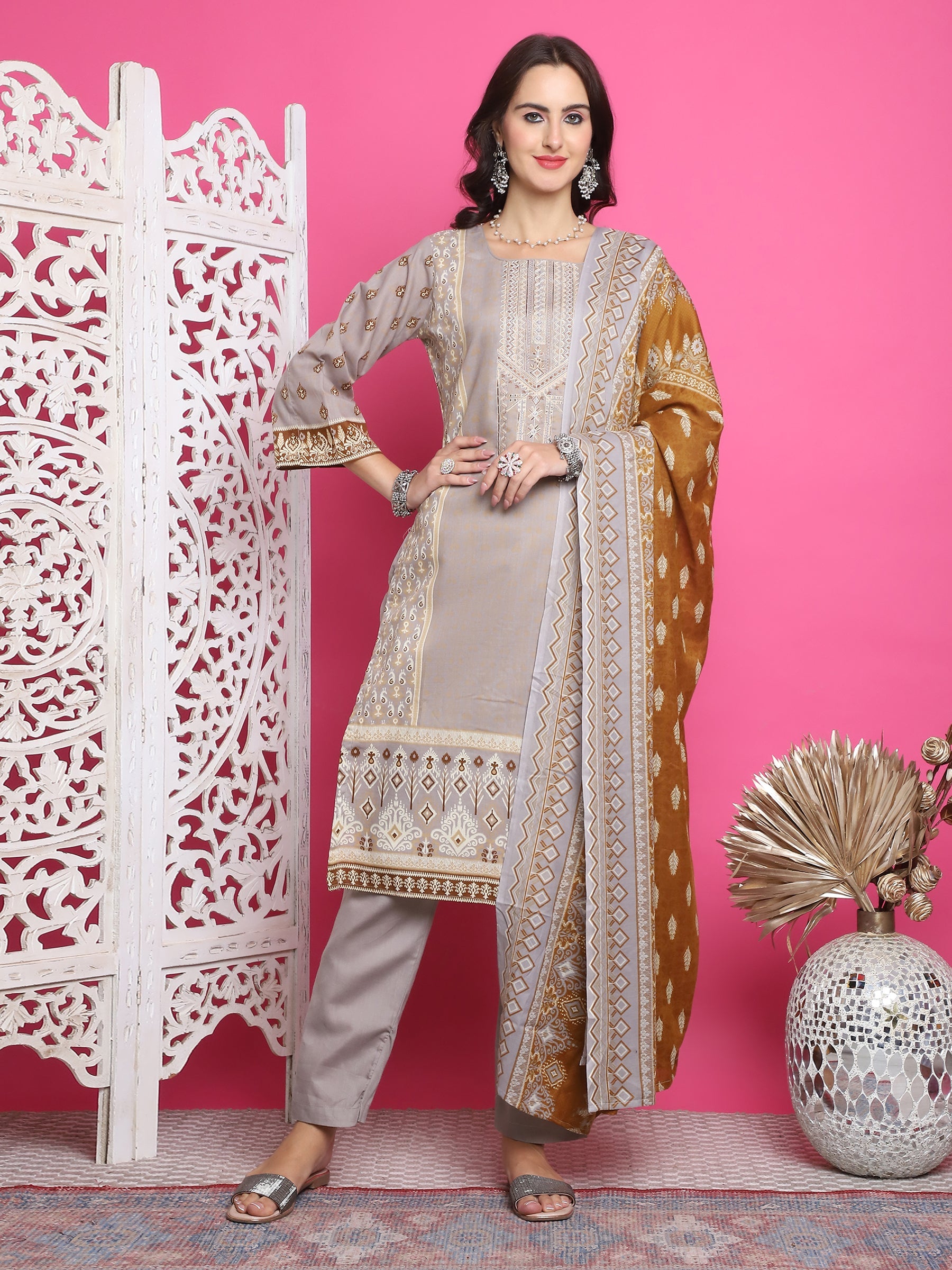 Jyoti Fashion Women's Grey Cotton Floral Digital Print with Resham Thread Work Kurta with Trouser & Dupatta