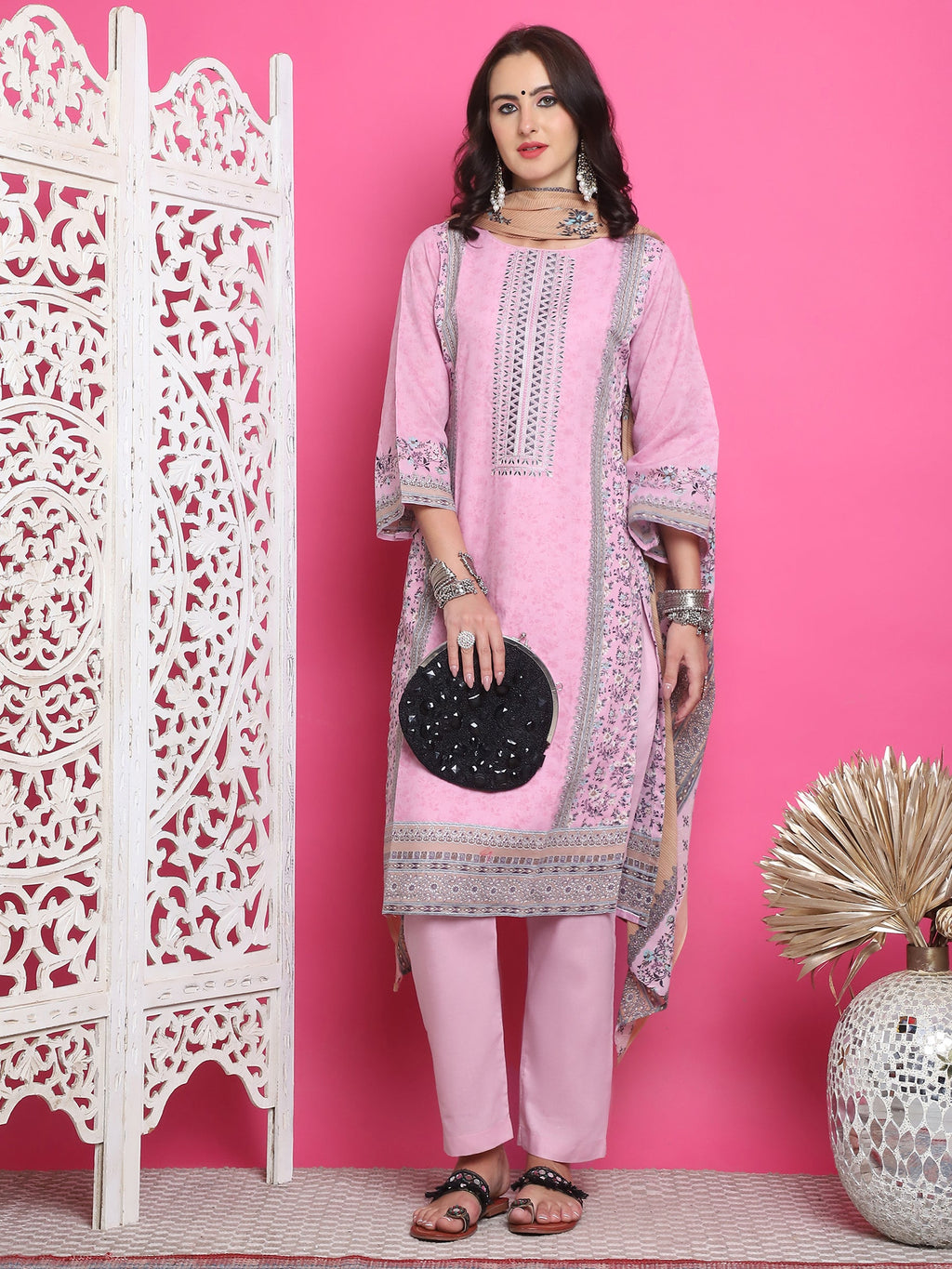 Jyoti Fashion Women's Pink Cotton Floral Digital Print with Resham Thread Work Kurta with Trouser & Dupatta
