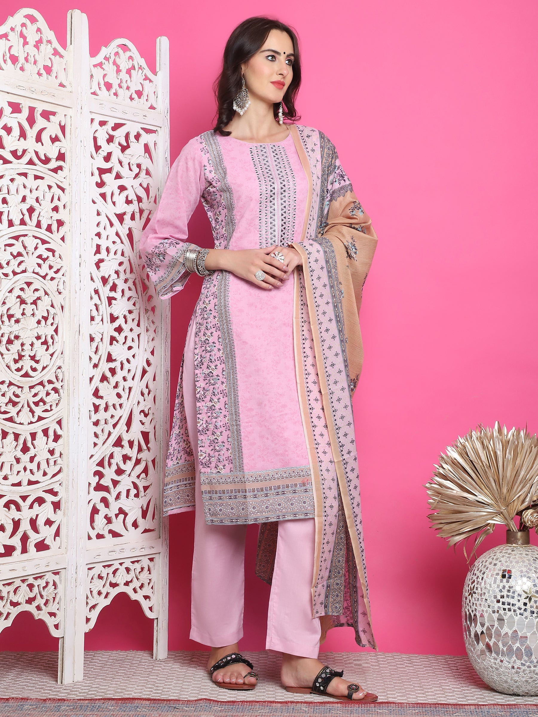 Jyoti Fashion Women's Pink Cotton Floral Digital Print with Resham Thread Work Kurta with Trouser & Dupatta