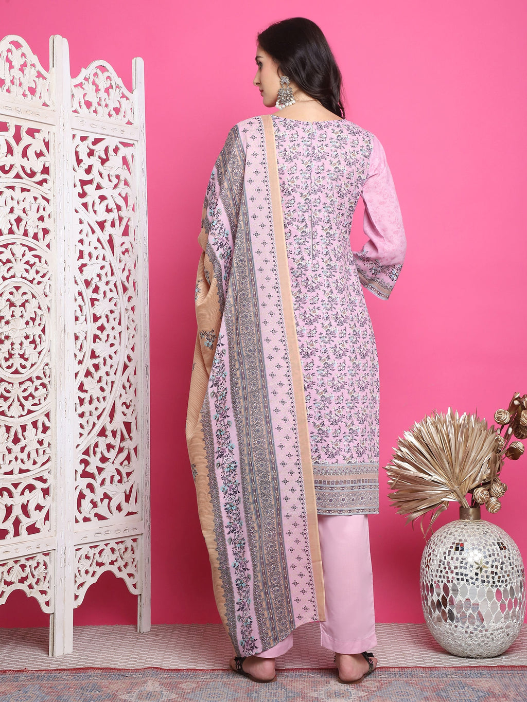 Jyoti Fashion Women's Pink Cotton Floral Digital Print with Resham Thread Work Kurta with Trouser & Dupatta