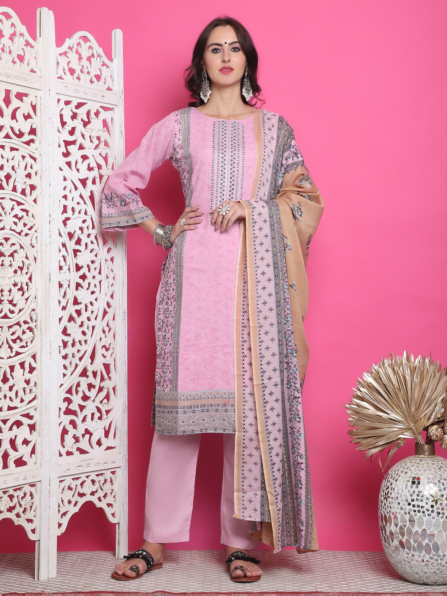 Jyoti Fashion Women's Pink Cotton Floral Digital Print with Resham Thread Work Kurta with Trouser & Dupatta