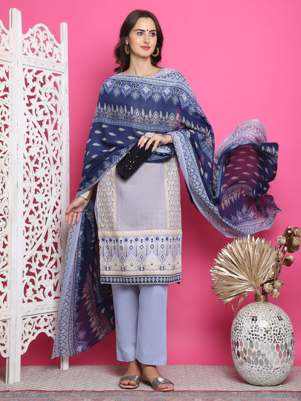 Jyoti Fashion Women's Sky Blue Cotton Floral Digital Print with Resham Thread Work Kurta with Trouser & Dupatta