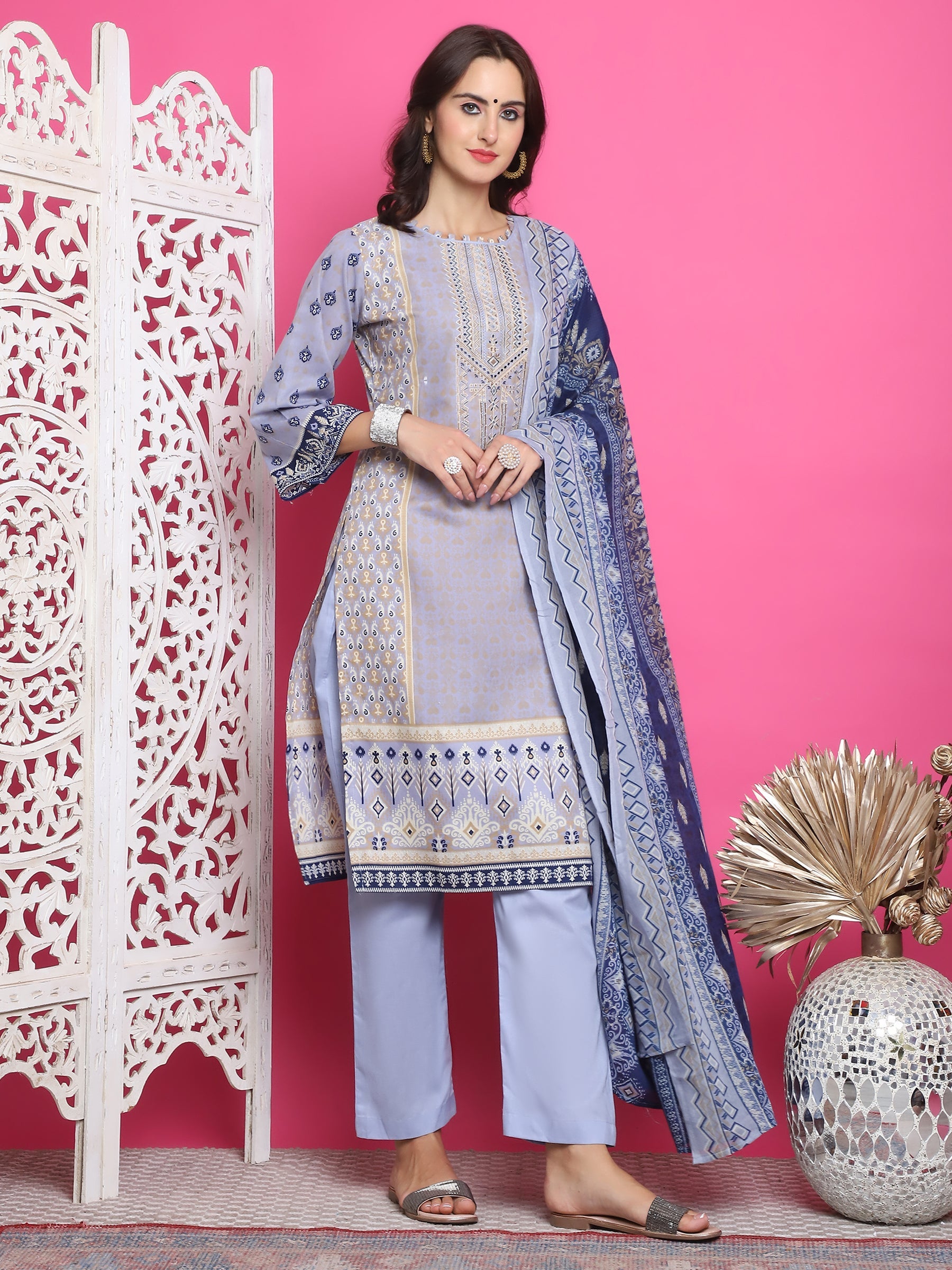 Jyoti Fashion Women's Sky Blue Cotton Floral Digital Print with Resham Thread Work Kurta with Trouser & Dupatta