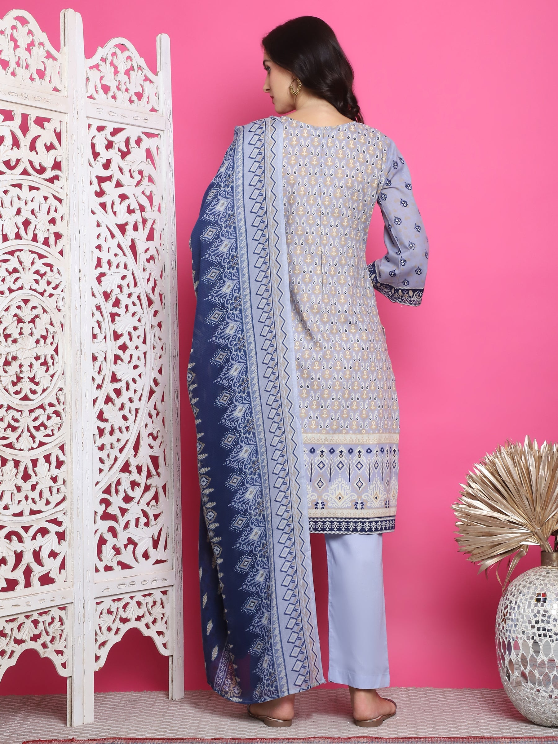 Jyoti Fashion Women's Sky Blue Cotton Floral Digital Print with Resham Thread Work Kurta with Trouser & Dupatta