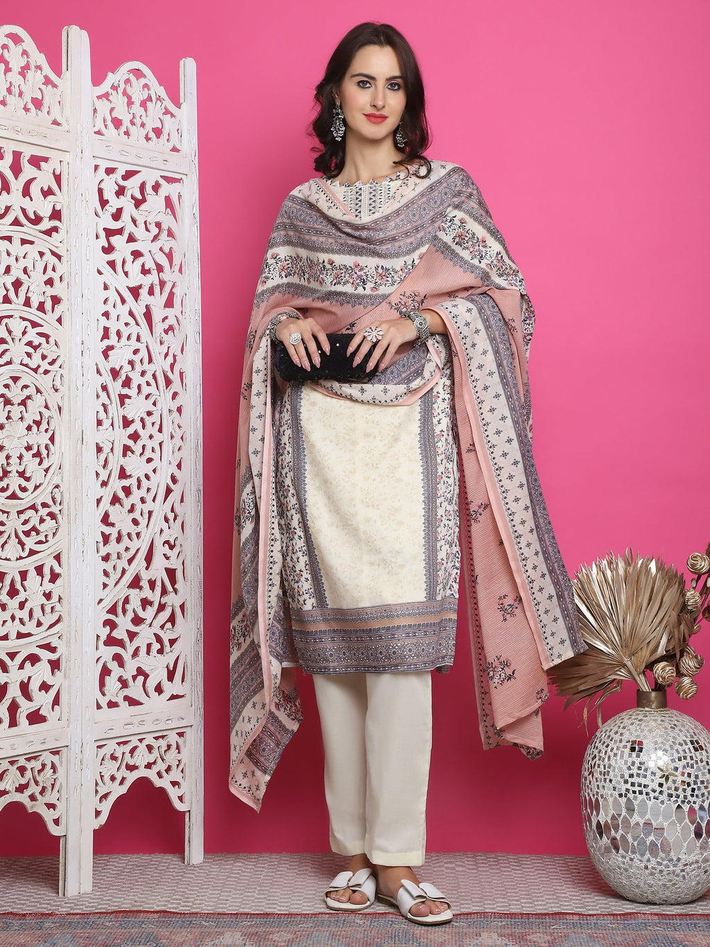 Jyoti Fashion Women's Cream Cotton Floral Digital Print with Resham Thread Work Kurta with Trouser & Dupatta