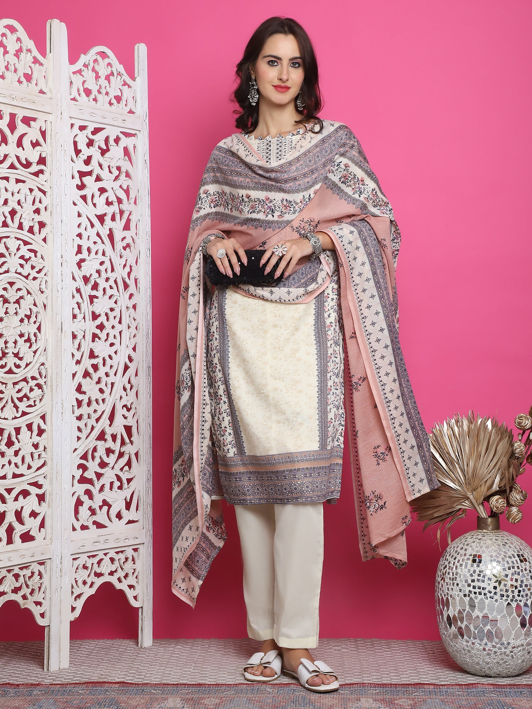 Jyoti Fashion Women's Cream Cotton Floral Digital Print with Resham Thread Work Kurta with Trouser & Dupatta