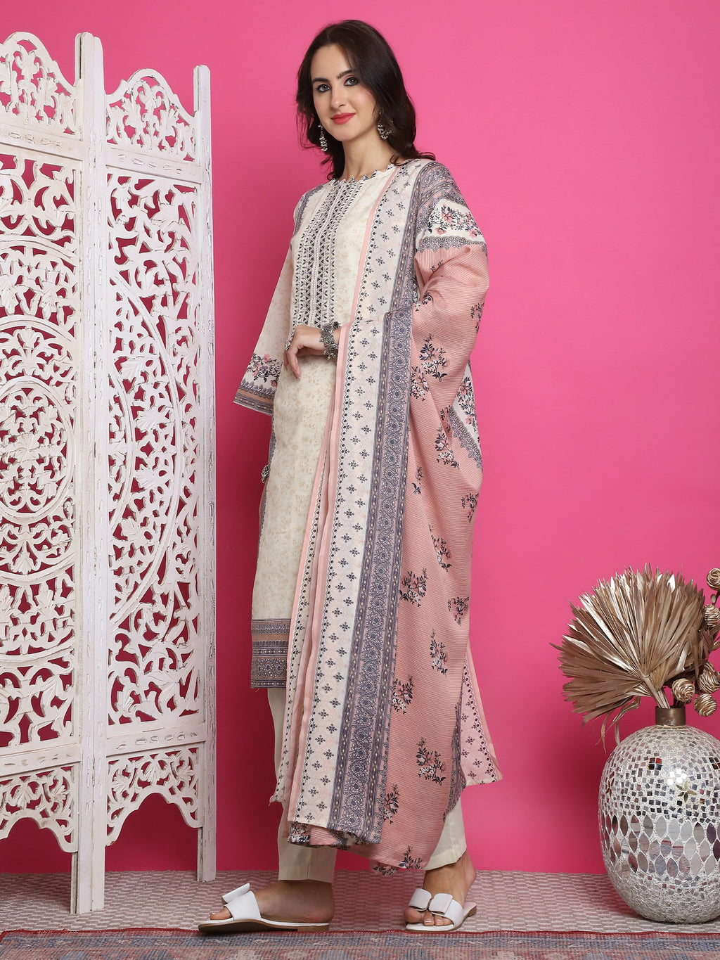 Jyoti Fashion Women's Cream Cotton Floral Digital Print with Resham Thread Work Kurta with Trouser & Dupatta