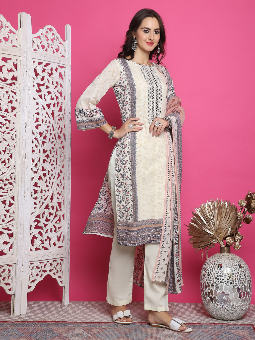 Jyoti Fashion Women's Cream Cotton Floral Digital Print with Resham Thread Work Kurta with Trouser & Dupatta