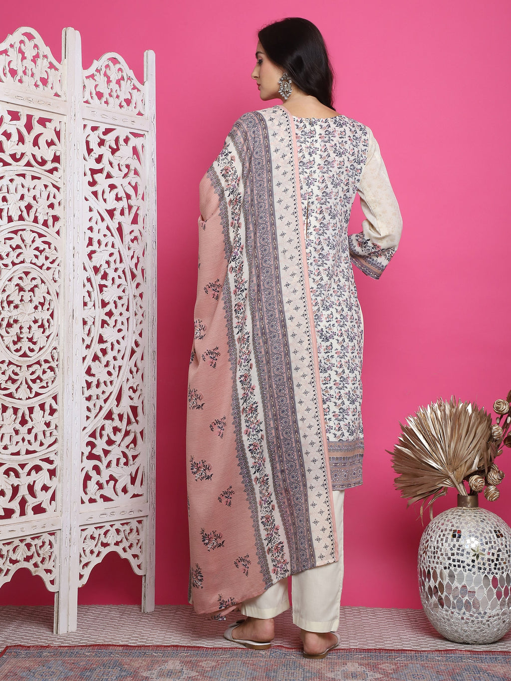Jyoti Fashion Women's Cream Cotton Floral Digital Print with Resham Thread Work Kurta with Trouser & Dupatta