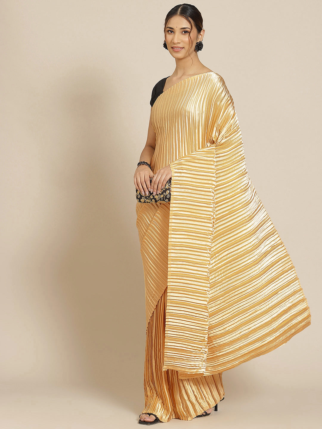 Jyoti Fashion Women's Gold Satin Platted Work Designer Saree with Blouse