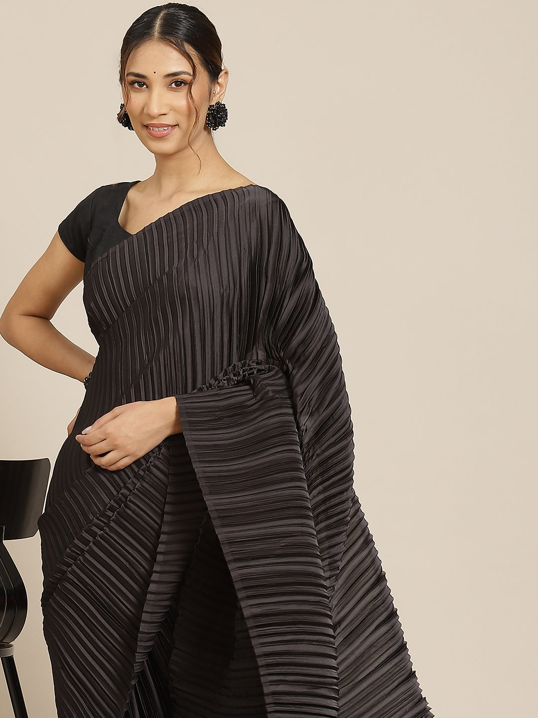 Jyoti Fashion Women's Black Satin Platted Work Designer Saree with Blouse
