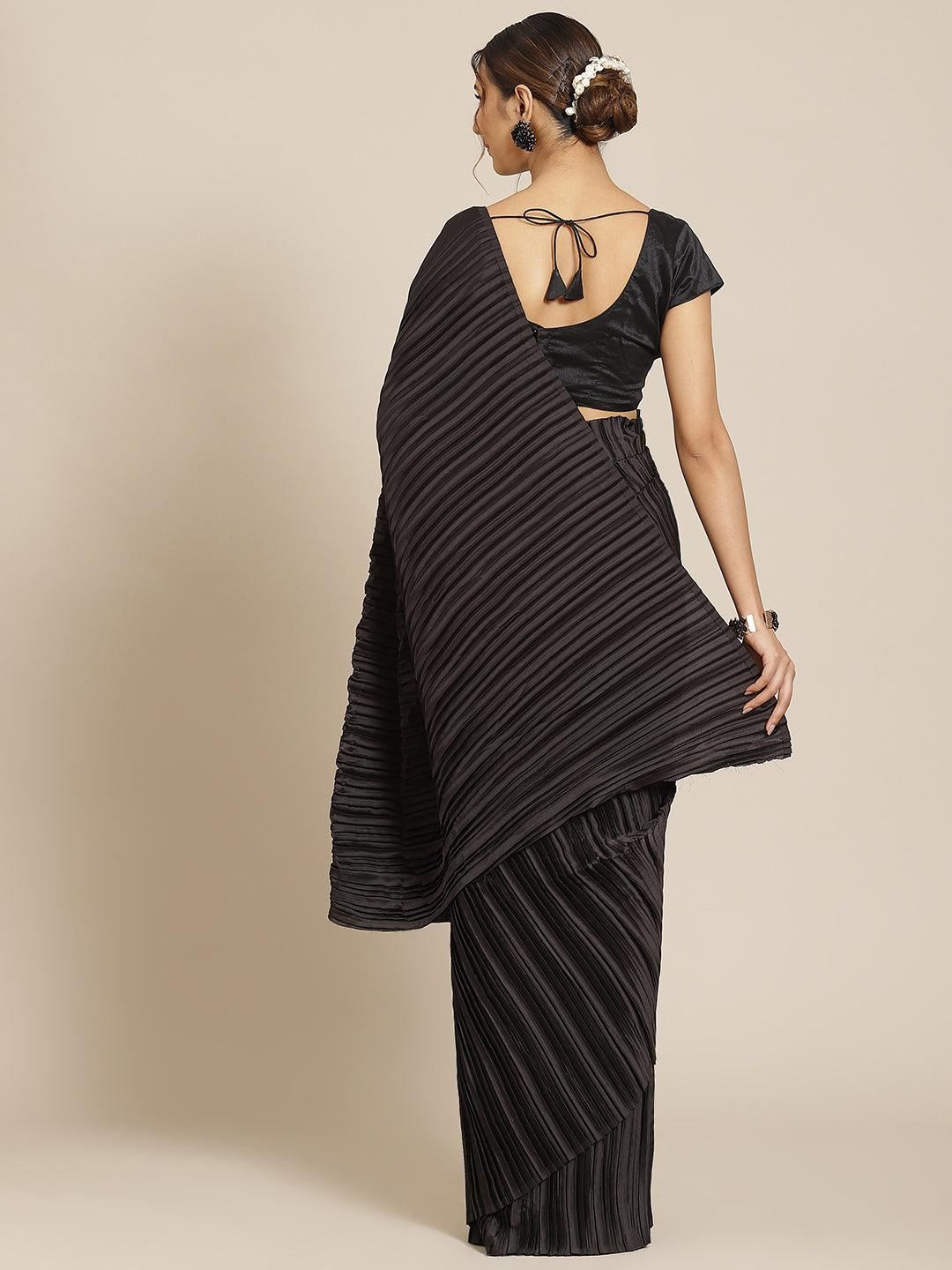 Jyoti Fashion Women's Black Satin Platted Work Designer Saree with Blouse