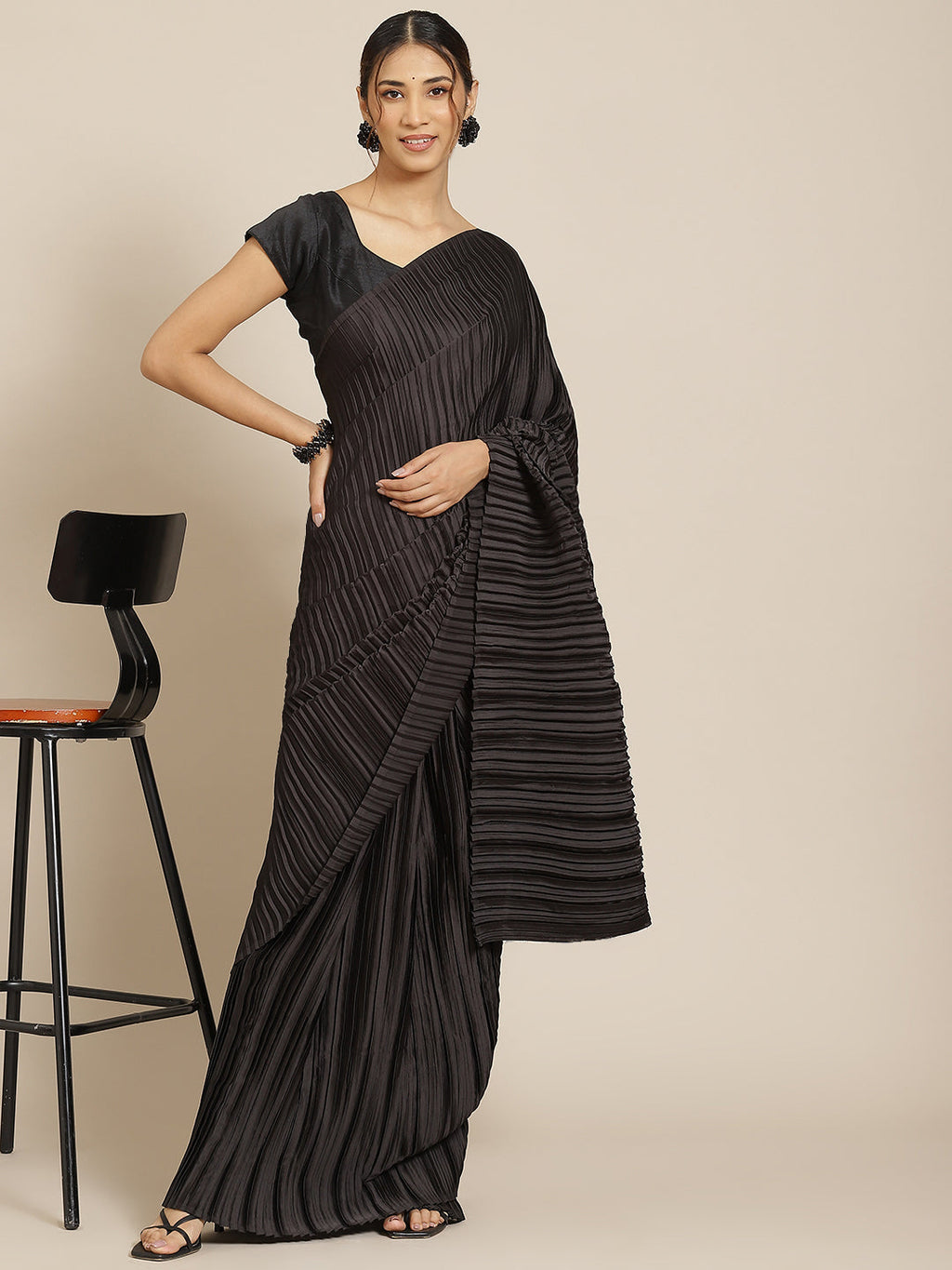 Jyoti Fashion Women's Black Satin Platted Work Designer Saree with Blouse