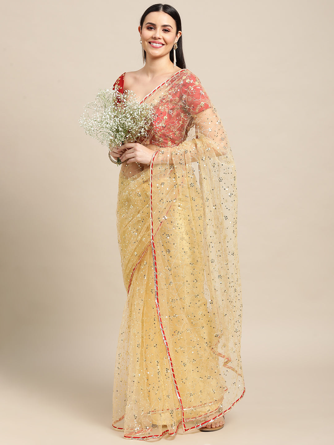 Jyoti Fashion Women's White Net Embroidered Designer Saree with Blouse