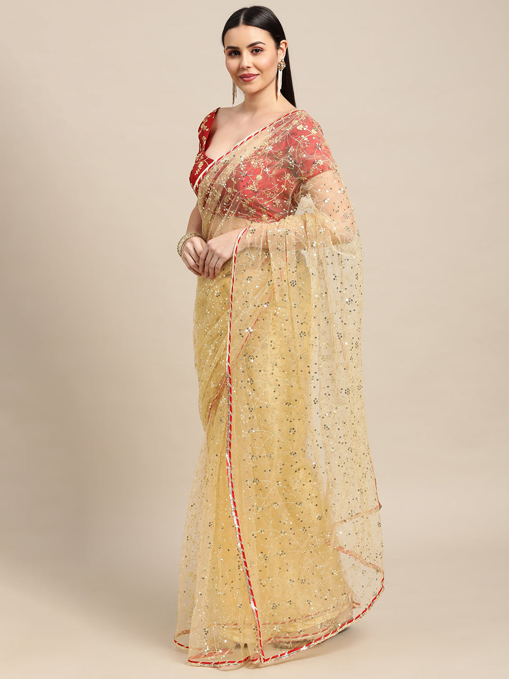 Jyoti Fashion Women's White Net Embroidered Designer Saree with Blouse